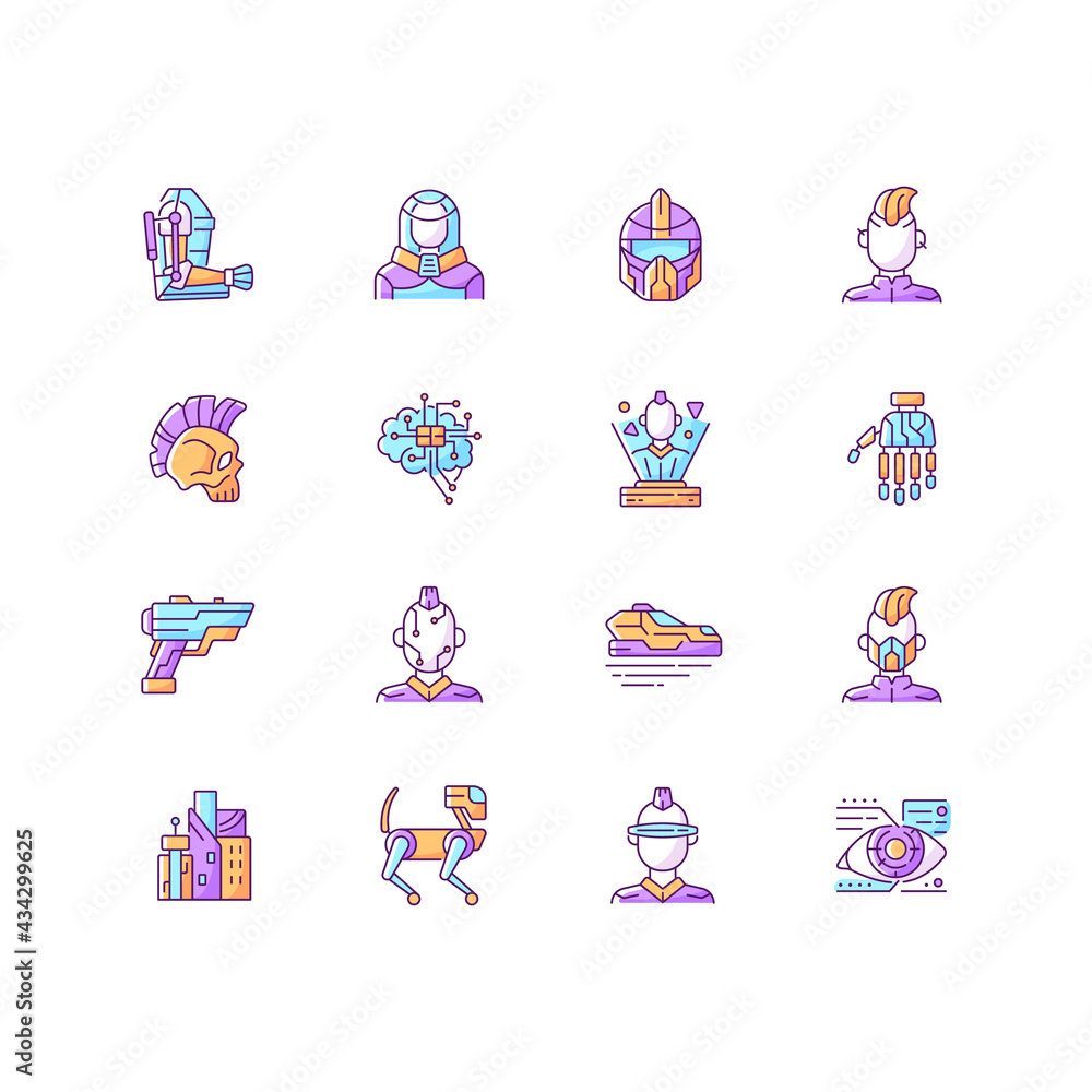 Cyberpunk RGB color icons set. Android person with cybernetics. Futuristic technology. Body augmentation. Science fiction genre items. Cyber punk city, person. Isolated vector illustrations Cyberpunk RGB color icons set. Android person with cybernetics. Futuristic technology. Body augmentation. Science fiction genre items. Cyber punk city, person. Isolated vector illustrations