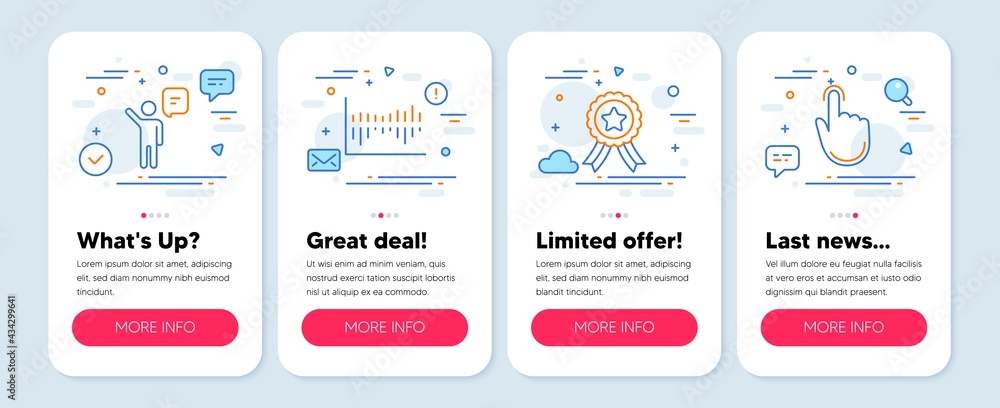 Set of Education icons, such as Agent, Winner ribbon, Column diagram symbols. Mobile screen app banners. Hand click line icons. Business person, Best award, Sale statistics. Location pointer. Vector Set of Education icons, such as Agent, Winner ribbon, Column diagram symbols. Mobile screen app banners. Hand click line icons. Business person, Best award, Sale statistics. Location pointer. Vector