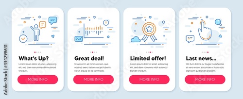 Set of Education icons, such as Agent, Winner ribbon, Column diagram symbols. Mobile screen app banners. Hand click line icons. Business person, Best award, Sale statistics. Location pointer. Vector