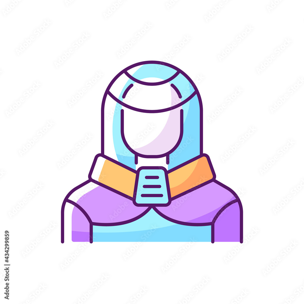 Protection suit RGB color icon. Robotic person, space cyborg. Human in cyberpunk costume. Futuristic technology. Body augmentation. Android with cybernetics. Isolated vector illustration Protection suit RGB color icon. Robotic person, space cyborg. Human in cyberpunk costume. Futuristic technology. Body augmentation. Android with cybernetics. Isolated vector illustration