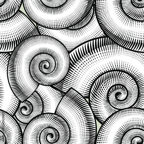 Vintage stylized spiral shells seamless pattern. Vector illustration