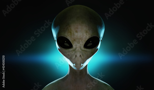 Spooky alien's face. Blue light in background. 3D rendered illustration.