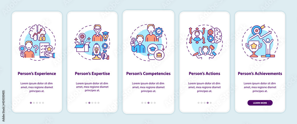 Personal brand components onboarding mobile app page screen with concepts. Social media influence walkthrough 5 steps graphic instructions. UI, UX, GUI vector template with linear color illustrations
