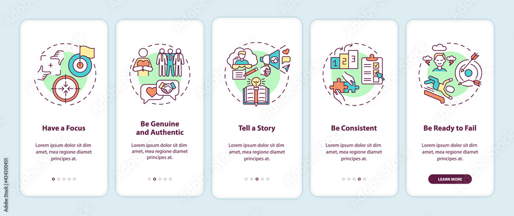 Personal branding rules onboarding mobile app page screen with concepts. Unique brand creation walkthrough 5 steps graphic instructions. UI, UX, GUI vector template with linear color illustrations