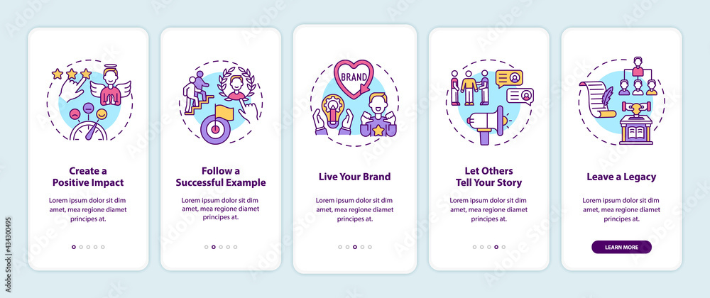 Personal branding tips onboarding mobile app page screen with concepts. Reputation management walkthrough 5 steps graphic instructions. UI, UX, GUI vector template with linear color illustrations