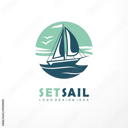 Sail logo design with yacht sail boat on open sea and blue sky. Sailing vector symbol idea. Travel and vacation graphic icon layout.