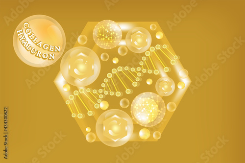 Hyaluronic acid skin solutions ad, gold collagen serum drops,  cosmetic advertising background ready to use, illustration vector.