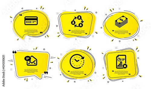 Teamwork, New mail and Credit card icons simple set. Yellow speech bubbles with dotwork effect. Dollar, Time change and Report signs. Business conference, Received e-mail, Card payment. Vector