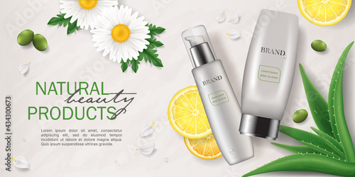 Banner of Natural skin care cosmetics with green plants, realistic vector illustration