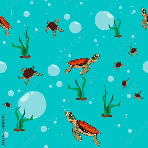 Sea turtles underwater vector seamless pattern design
