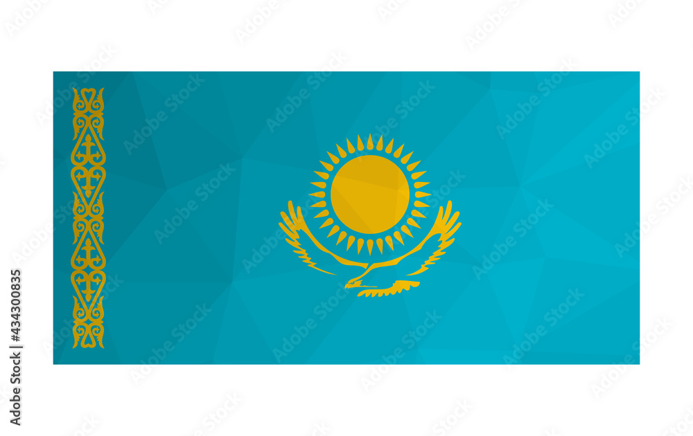 Fototapeta premium Vector isolated illustration. National Kazakh flag with yellow sun, eagle and blue background. Official symbol of Kazakhstan. Creative design in low poly style with triangular shapes. Gradient effect.