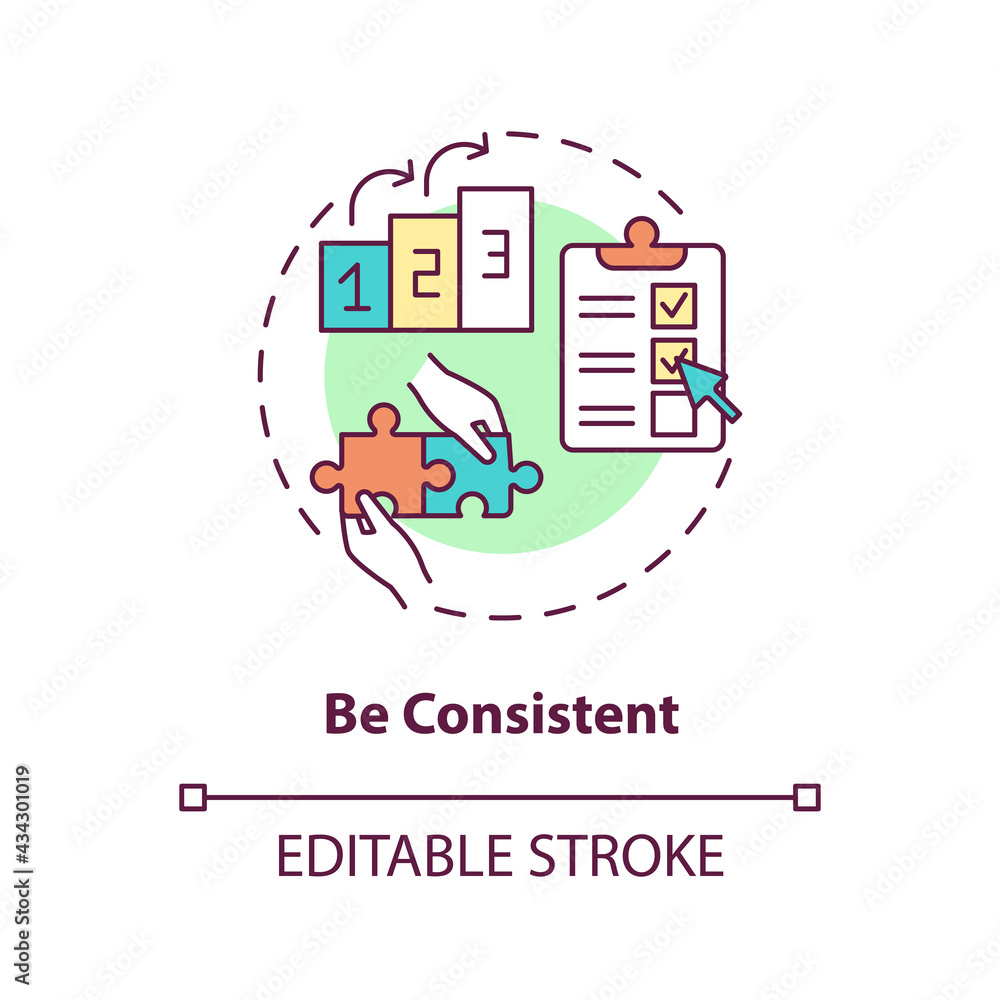 Be consistent concept icon. Social media marketing strategy. Online influence. Personal branding idea thin line illustration. Vector isolated outline RGB color drawing. Editable stroke
