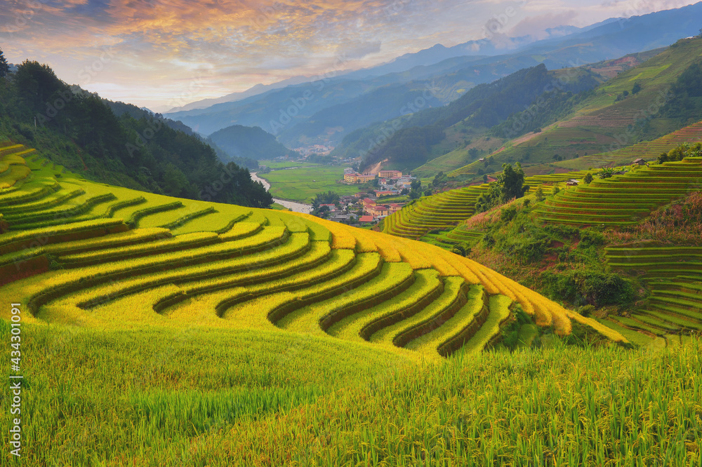 Green Rice fields on terraced in Mu cang chai, Vietnam Rice field