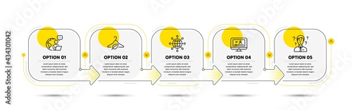 International globe, Support consultant and Online video line icons set. Timeline process flowchart. Slow fashion sign. World networking, Question mark, Video exam. Eco tested. Business set. Vector
