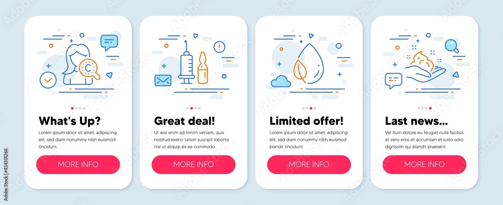 Set of Healthcare icons, such as Collagen skin, Leaf dew, Medical vaccination symbols. Mobile app mockup banners. Skin care line icons. Water drop, Syringe vaccine, Hand cream. Vector