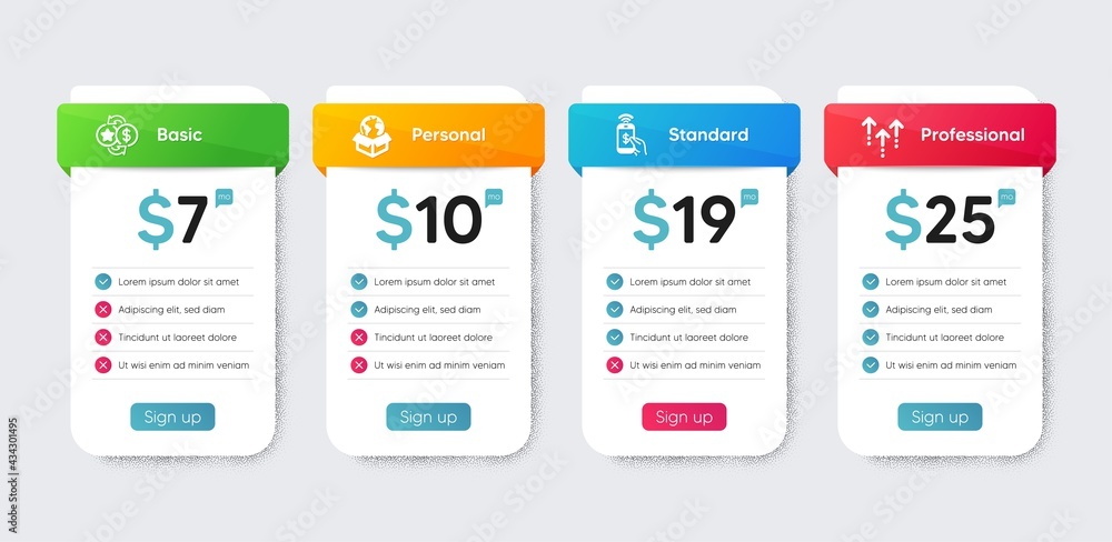 Technology icons set. Price table chart, business plan template. Included icon as Delivery service, Phone payment, Swipe up signs. Loyalty points flat icons. Vector