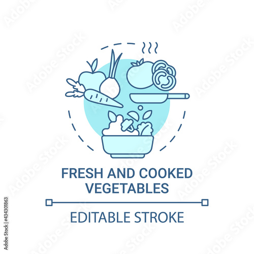 Fresh and cooked vegetables concept icon. Natural grown meals. Vegetarian snacks during school lunch idea thin line illustration. Vector isolated outline RGB color drawing. Editable stroke