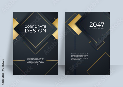 Modern black cover design set. Luxury creative line pattern in premium colors: black, gold and white. Formal vector for notebook cover, business poster, brochure template, magazine layout 