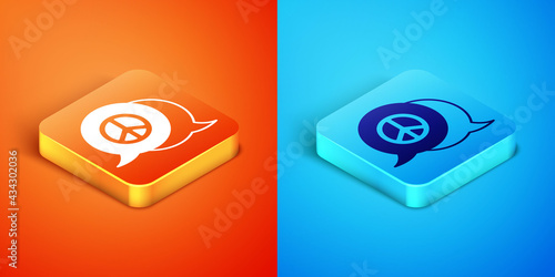 Isometric Peace icon isolated on orange and blue background. Hippie symbol of peace. Vector