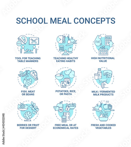 School meal concept icons set. Creating school meals list full of nutritions and vitamins. Healthy eating idea thin line RGB color illustrations. Vector isolated outline drawings. Editable stroke