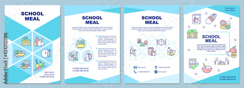 School meal brochure template. Creating school lunch for students. Flyer, booklet, leaflet print, cover design with linear icons. Vector layouts for presentation, annual reports, advertisement pages