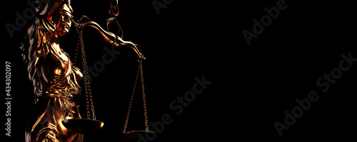Law and order concept. Statue of Lady Justice with scales of justice with black background. Lawyer or judge concept.