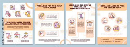 Pandemic caused school meal program challenges brochure template. Flyer, booklet, leaflet print, cover design with linear icons. Vector layouts for presentation, annual reports, advertisement pages