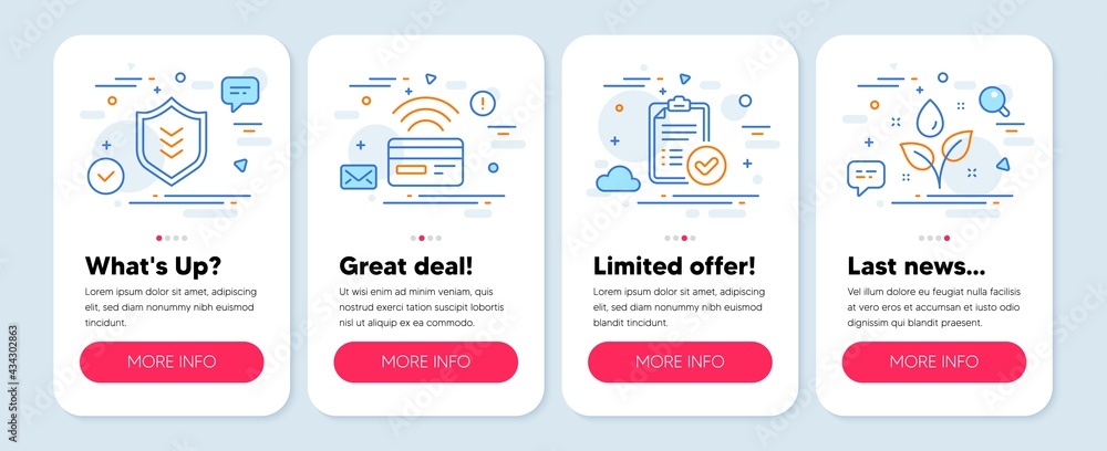 Set of Business icons, such as Approved report, Contactless payment, Shield symbols. Mobile app mockup banners. Plants watering line icons. Vector