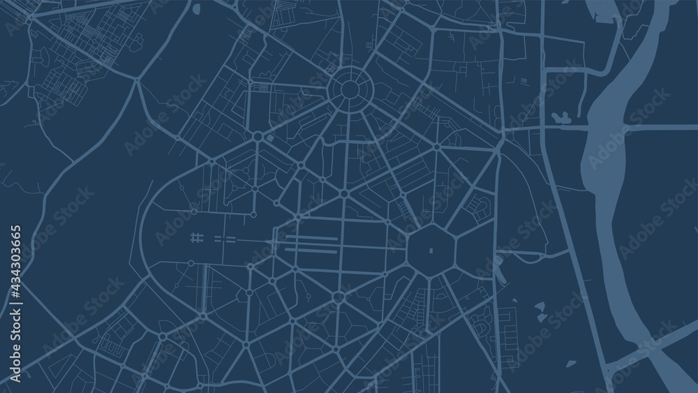 Dark blue Delhi city area vector background map, streets and water cartography illustration.