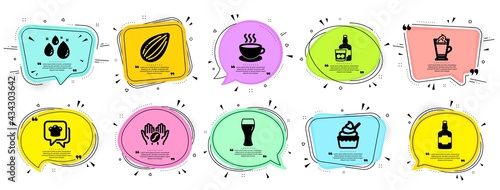 Food and drink icons set. Speech bubble offer banners. Vector coupon badge. Included icon as Almond nut, Cooking hat, Ice cream signs. Cappuccino, Latte coffee, Whiskey glass symbols. Vector