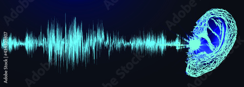 Ear. Human organ. Hearing treatment concept. Low poly wireframe style. Technology in medicine. Abstract illustration isolated on blue background. Vector. Headline