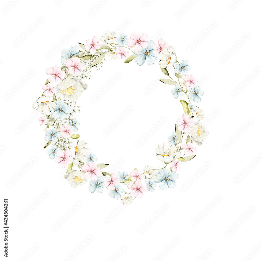 Watercolor floral wreath. Hand painted frame of greenery, blue berries,white wildflowers, herbs. Leaves, flowers isolated on white background. Botanical illustration for design, print