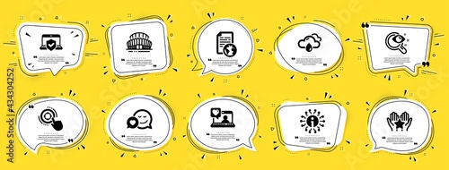 Business icons set. Speech bubble offer banners. Yellow coupon badge. Included icon as Rainy weather, Dating, Laptop insurance signs. Info, Internet document, Ranking symbols. Vector