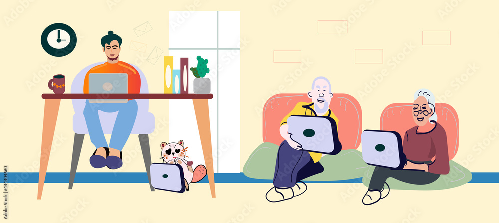 Naklejka premium Senior Couple Male and Female Characters Sitting at Table Ignore Each other Chatting in Internet. Social Media and Gadget Addiction, Family Communication Problem. People Vector Illustration