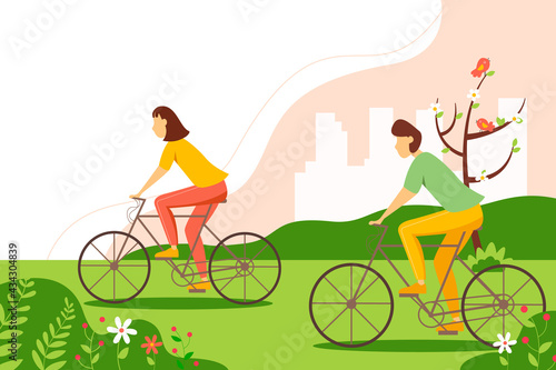 Man and woman riding a bicycle in the park. Spring illustration in flat style.