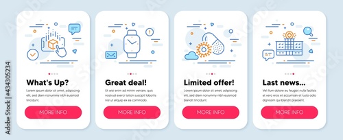 Set of Science icons, such as Coronavirus pills, Smartwatch, Augmented reality symbols. Mobile screen app banners. Hospital building line icons. Vaccine, Digital time, Phone simulation. Vector