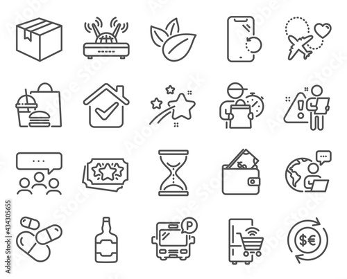 Business icons set. Included icon as Loyalty points, Wallet, Time hourglass signs. Parcel, Wifi, Whiskey bottle symbols. Smartphone recovery, Refrigerator, Honeymoon travel. Meeting. Vector