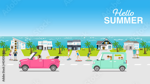 People in the seaside residential area - summer landscape, Included words 