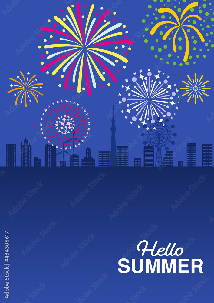 Fireworks display in the city background at night - summer landscape, vertical, Included words 