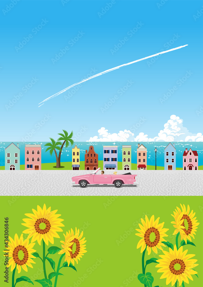 Pink convertible driving in the seaside small town - summer landscape, vertical