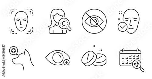 Farsightedness, Collagen skin and Medical calendar line icons set. Face detection, Health skin and Veterinary clinic signs. Not looking, Medical tablet symbols. Quality line icons. Vector