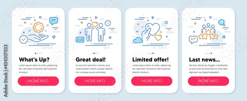 Set of People icons, such as Friends couple, Hold heart, Employee hand symbols. Mobile screen app banners. Business meeting line icons. Friendship, Care love, Work gear. Rating star. Vector
