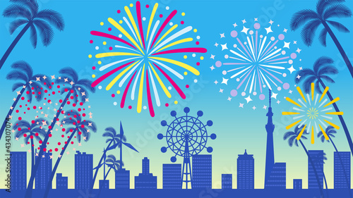 Fireworks display in the city background at twilight - summer landscape