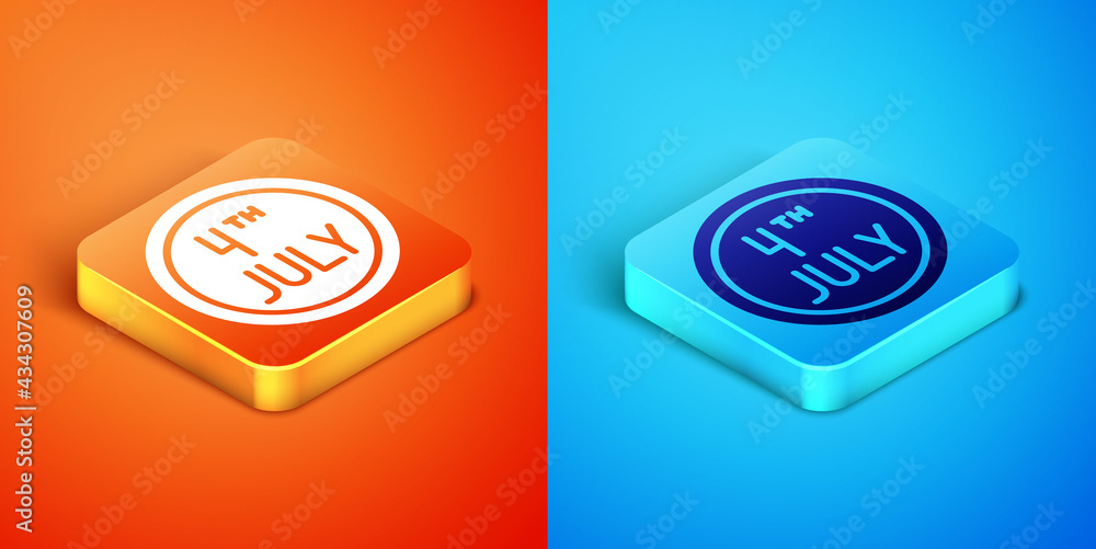 Isometric Day calendar with date July 4 icon isolated on orange and blue background. USA Independence Day. 4th of July. Vector Isometric Day calendar with date July 4 icon isolated on orange and blue background. USA Independence Day. 4th of July. Vector