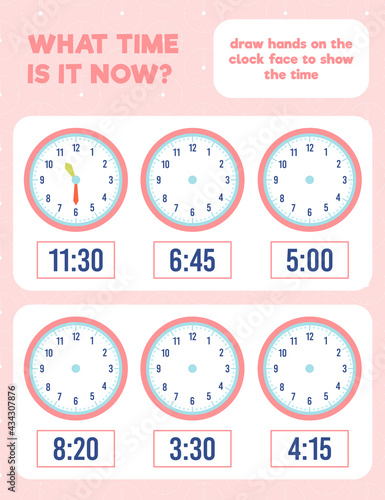 What time is it? Draw hands on the clock face. Time worksheet practice print page.