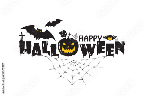 emblem of happy halloween with pumpkin, bats and spider isolated on white background