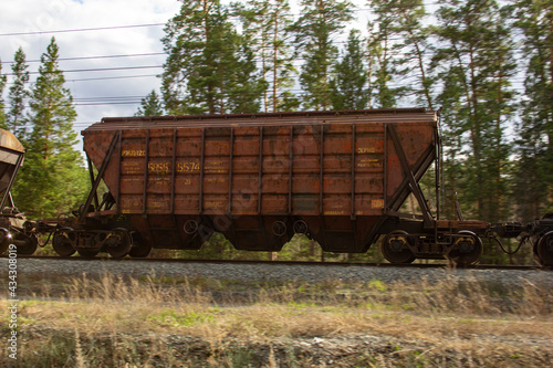 Hopper on the railroad. The hopper rail car is designed for the transportation of bulk bulk cargo.