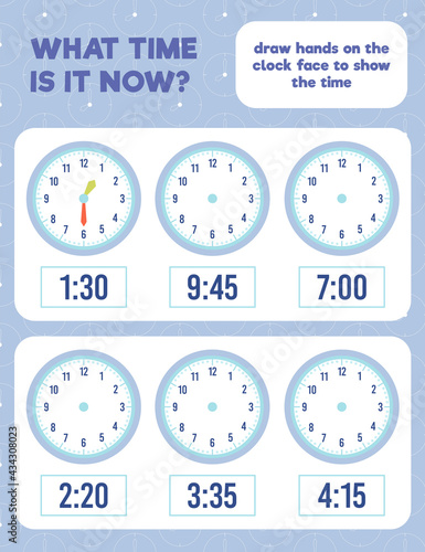 What time is it? Draw hands on the clock face. Time worksheet practice print page.