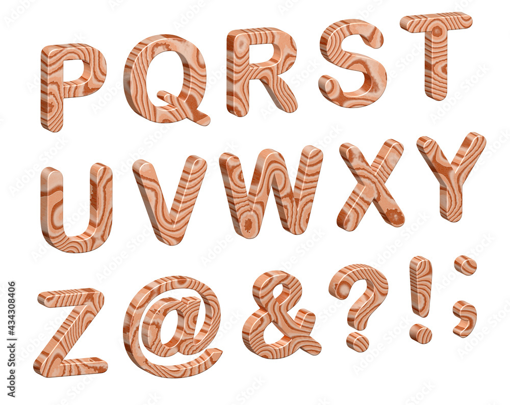 3d illustration of natural wooden alphabet. Uppercase letters from P to Z and special signs, cut out on white background. 3d illustration of natural wooden alphabet. Uppercase letters from P to Z and special signs, cut out on white background.