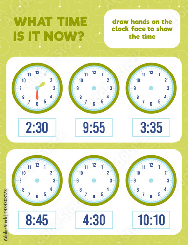 What time is it? Draw hands on the clock face. Time worksheet practice print page.